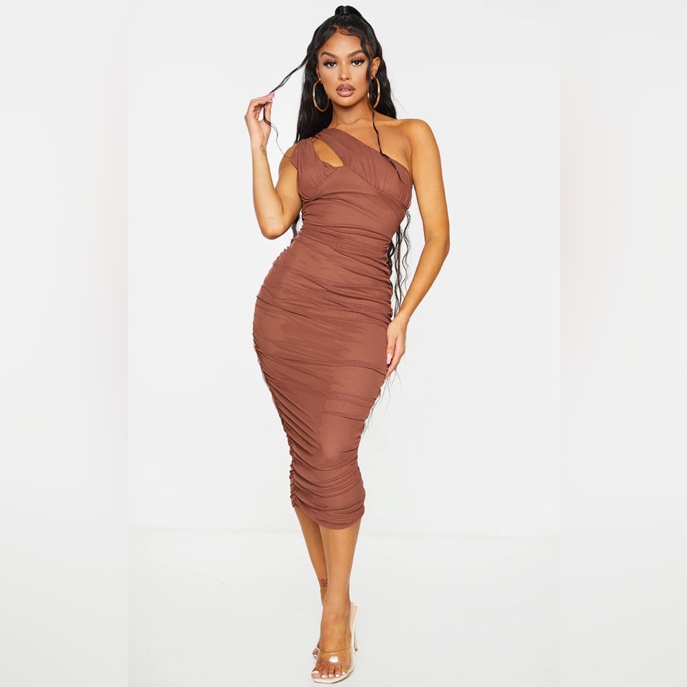 Chocolate Mesh Ruched One Shoulder Keyhole Midi Dress